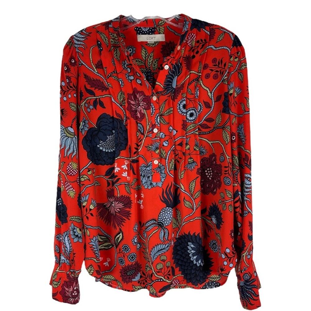 Loft orange blue floral chiffon pleated preppy office button blouse oversized XS